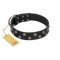 "Power-Flower" FDT Artisan Black Leather Amstaff Collar with Two Rows of Silver-like Studs with Engraved Flowers