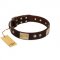 "Middle Age" FDT Artisan Brown Leather Amstaff Collar with Old Bronze-Plated Engraved Flowers and Large Plates