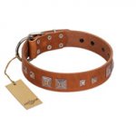"Egyptian Gifts" Handmade FDT Artisan Tan Leather Amstaff Collar with Chrome-plated Pyramids