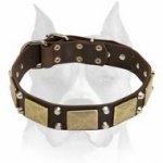 Glorious War Dog Leather Collar with Plates and Pyramids for Amstaff