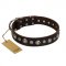 "Gorgeous Shields" FDT Artisan Brown Leather Amstaff Collar with Old Silver-like Circles and Small Camomiles