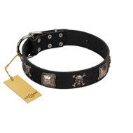 "Sea Rover" Embellished FDT Artisan Black Leather Amstaff Collar with Chrome Plated Crossbones and Plates