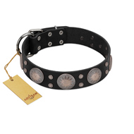 "Starry Sky" Trendy FDT Artisan Black Leather Amstaff Collar with Large Brooches