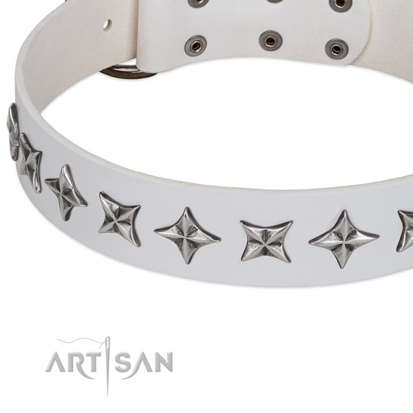 Easy wearing embellished dog collar of durable genuine leather