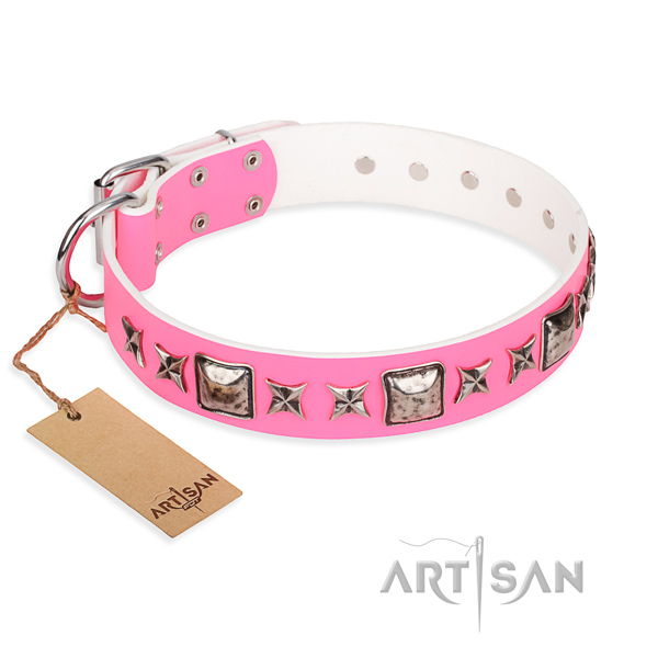 Genuine leather dog collar made of quality material with reliable D-ring