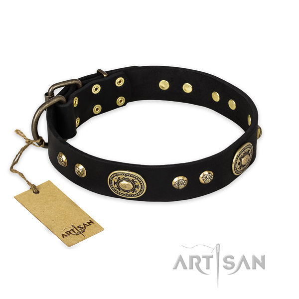 Impressive genuine leather dog collar with rust-proof traditional buckle