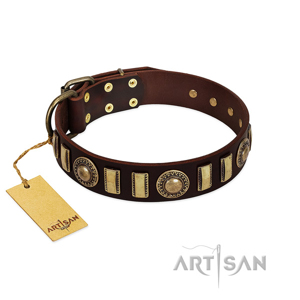 Gentle to touch genuine leather dog collar with corrosion proof D-ring
