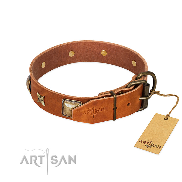 Full grain genuine leather dog collar with strong D-ring and studs