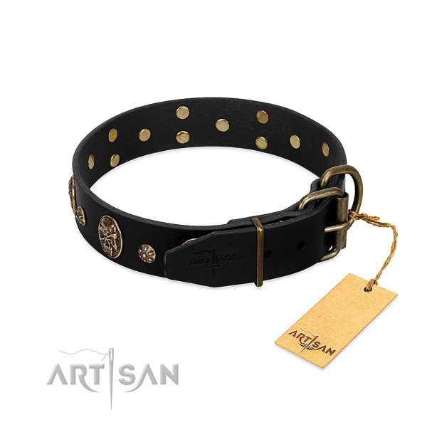 Rust resistant decorations on full grain natural leather dog collar for your canine