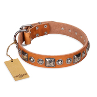 "Era of Future" FDT Artisan Handcrafted Tan Leather Amstaff Collar with Decorations "Era of Future" FDT Artisan Handcrafted Tan Leather Amstaff Collar with Decorations
