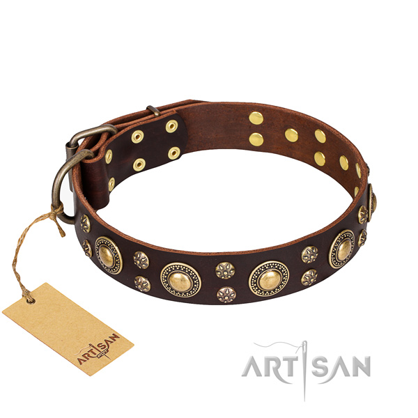 Easy wearing dog collar of top quality genuine leather with decorations