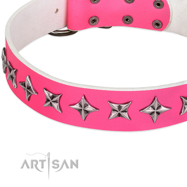 Handy use embellished dog collar of strong full grain leather
