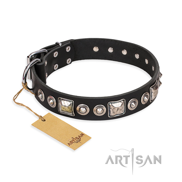 Full grain leather dog collar made of gentle to touch material with rust-proof traditional buckle