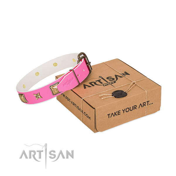 Rust resistant buckle on natural genuine leather dog collar for walking