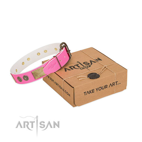 Corrosion resistant traditional buckle on natural genuine leather dog collar for handy use