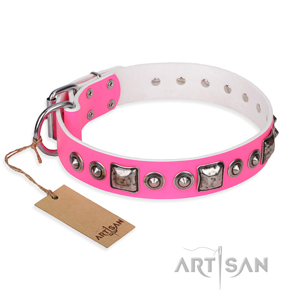 Natural genuine leather dog collar made of flexible material with corrosion resistant fittings