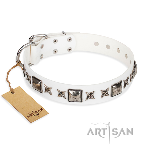 Natural genuine leather dog collar made of reliable material with rust resistant hardware