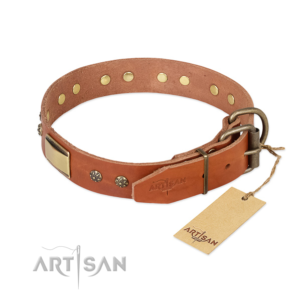 Full grain natural leather dog collar with corrosion resistant D-ring and adornments