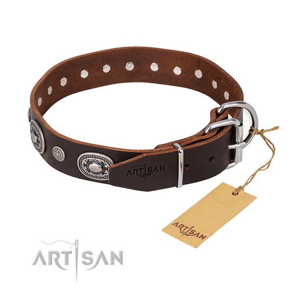 Quality full grain natural leather dog collar handcrafted for basic training