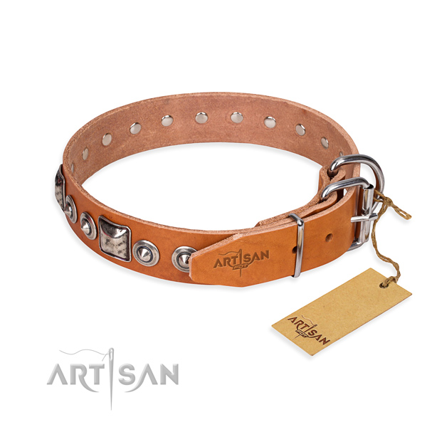 Genuine leather dog collar made of flexible material with corrosion proof studs