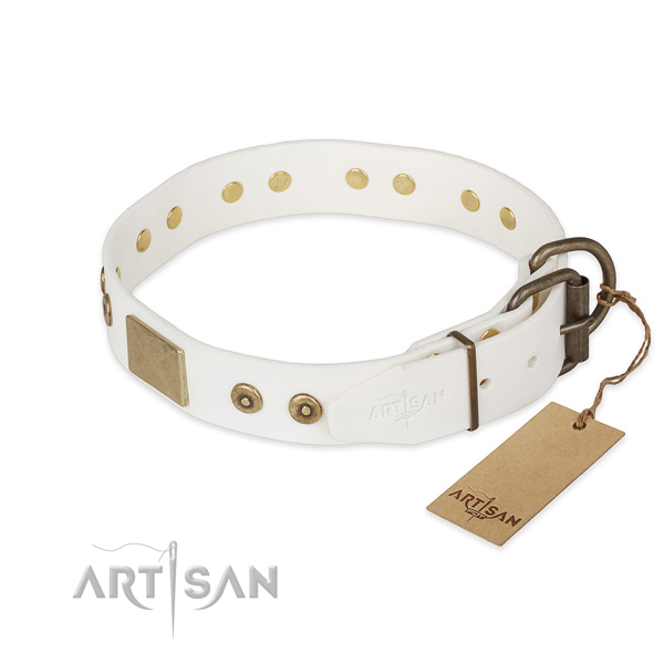 Full grain natural leather dog collar with reliable D-ring and adornments