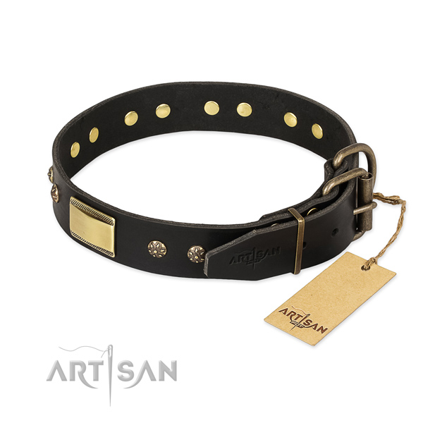 Leather dog collar with corrosion resistant fittings and embellishments