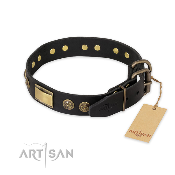 Reliable hardware on full grain natural leather collar for daily walking your canine