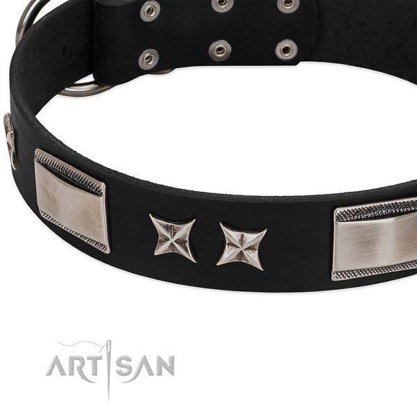 Flexible genuine leather dog collar with rust-proof buckle