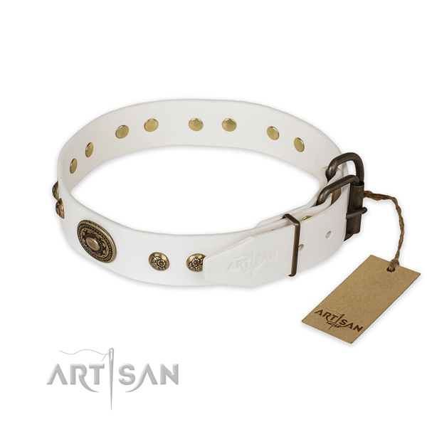Rust resistant fittings on full grain genuine leather collar for fancy walking your dog