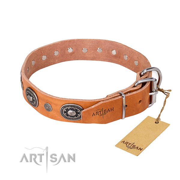 High quality natural genuine leather dog collar created for handy use