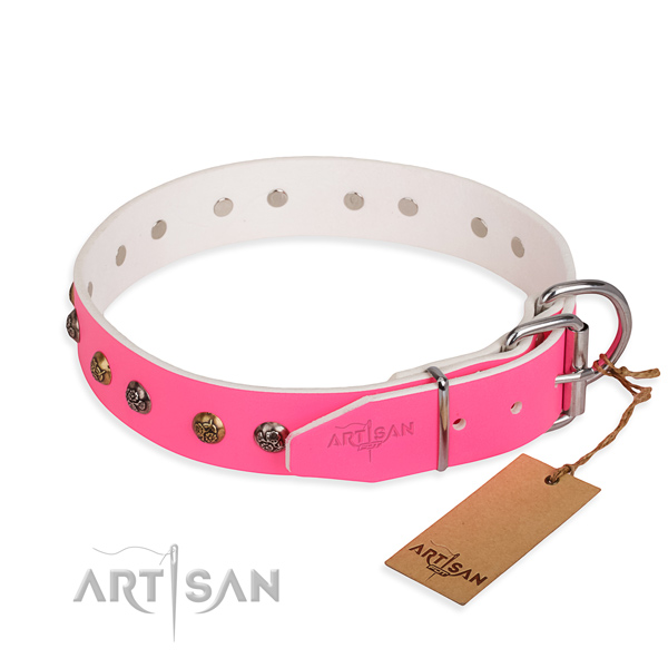 Natural leather dog collar with exquisite corrosion resistant adornments