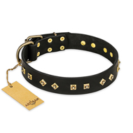 "Rhomb Style" FDT Artisan Decorated Leather Amstaff Collar with Old Bronze-Plated Studs 1 1/2 inch (40 mm) Wide
