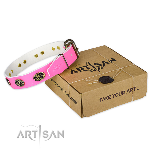 Strong embellishments on dog collar for handy use