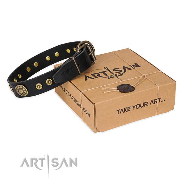 Full grain genuine leather dog collar made of soft material with rust-proof D-ring