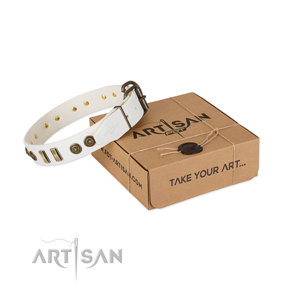Strong D-ring on natural leather dog collar for your canine