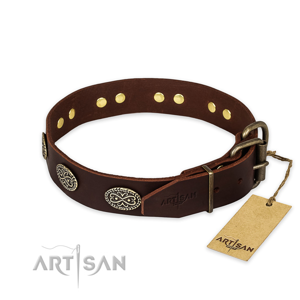 Durable D-ring on full grain natural leather collar for your stylish doggie