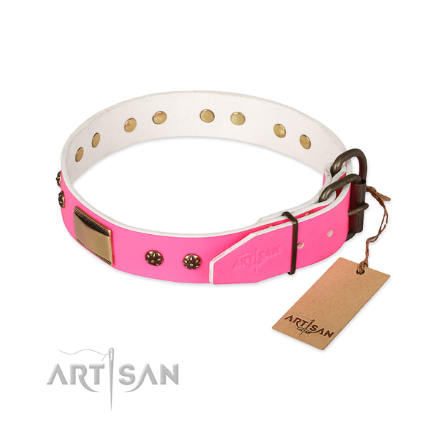 Genuine leather dog collar with strong D-ring and decorations