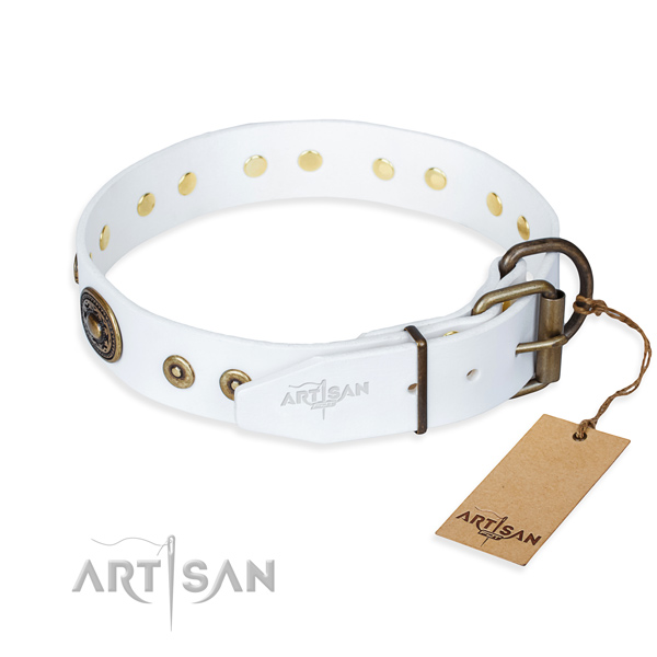 Full grain natural leather dog collar made of top rate material with durable adornments
