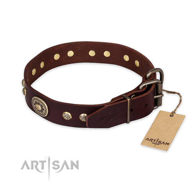Corrosion proof buckle on genuine leather collar for stylish walking your canine