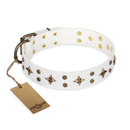 "Bright Stars" FDT Artisan White Leather Amstaff Collar with Old Bronze Look Decorations "Bright Stars" FDT Artisan White Leather Amstaff Collar with Old Bronze Look Decorations