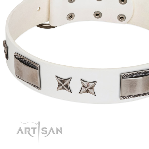 Soft genuine leather dog collar with reliable hardware