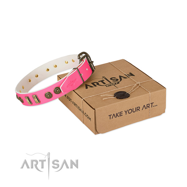 Corrosion resistant D-ring on natural leather dog collar for your dog