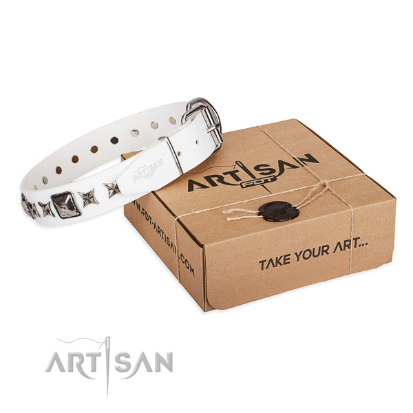 Easy wearing full grain genuine leather dog collar with embellishments