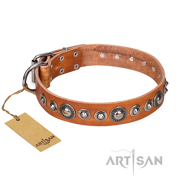 Full grain natural leather dog collar made of quality material with durable D-ring