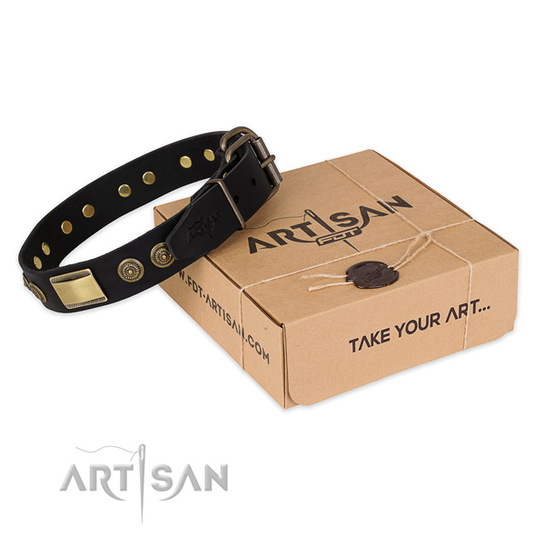 Durable hardware on full grain genuine leather dog collar for daily use