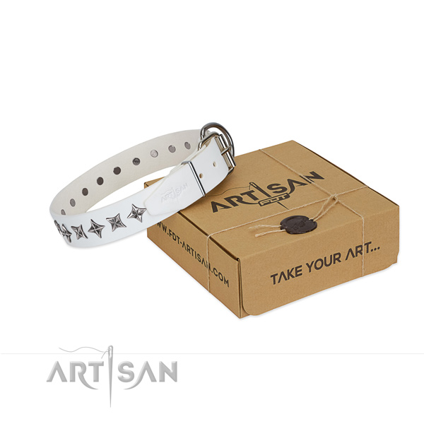 Reliable full grain genuine leather dog collar with stunning decorations