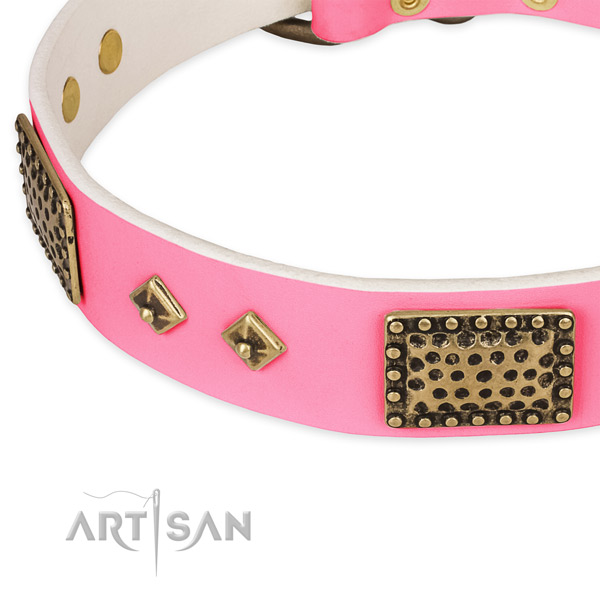 Full grain genuine leather dog collar with decorations for daily walking