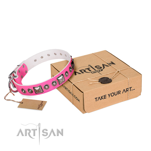 Gentle to touch full grain genuine leather dog collar created for daily walking