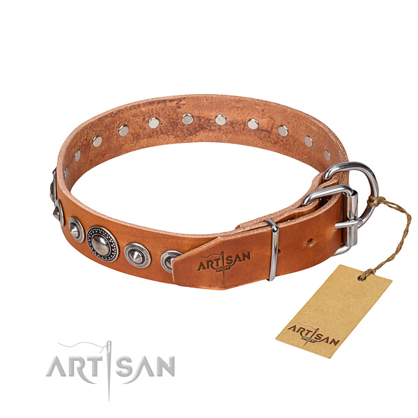 Natural genuine leather dog collar made of gentle to touch material with rust resistant adornments