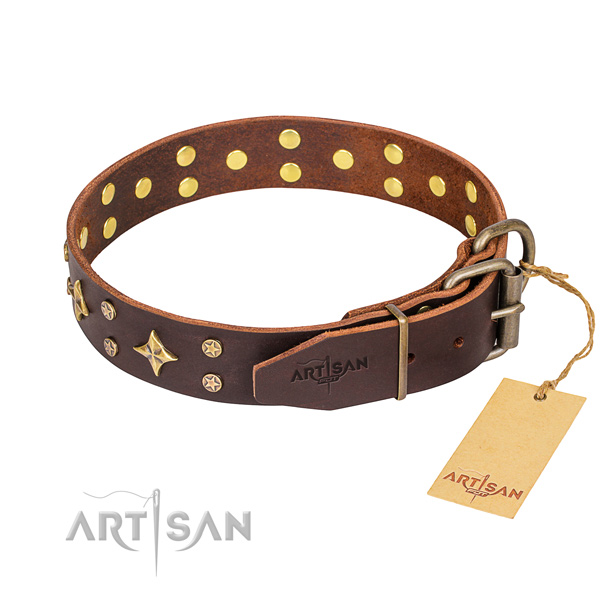 Comfy wearing decorated dog collar of durable genuine leather